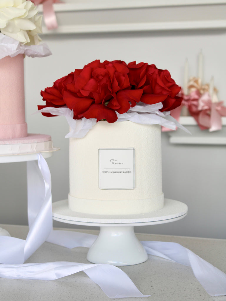 Luxurious White Flower Box Cake with Red Roses