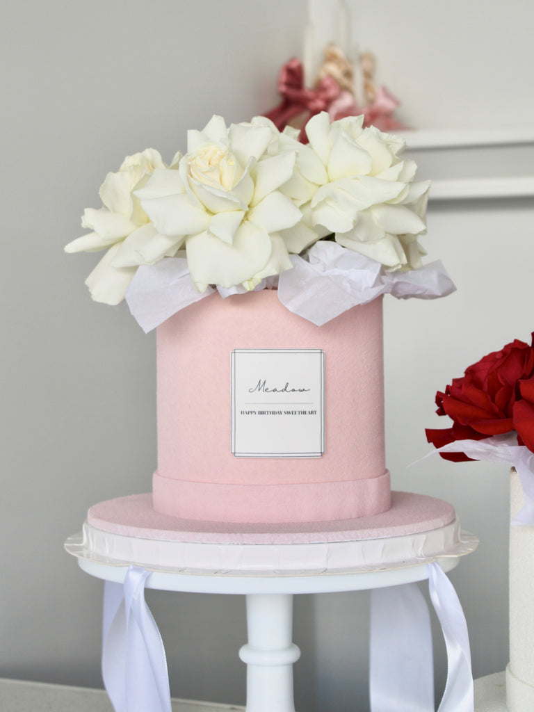 Pink Flower Box Cake with White Roses