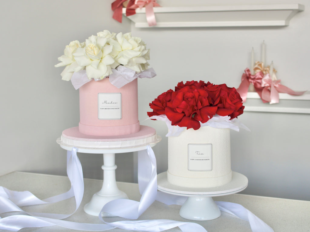 Pink Flower Box Cake with White Roses